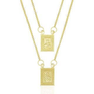Mini Escapulário Feminino Banhado a Ouro 18k - Jesus e Nossa Senhora