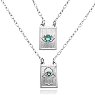 Escapulario de Prata Feminino Mão Hamsa e Olho Grego