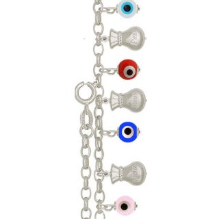 Pulseira com pingentes da sorte com sacos da felicidade e olho grego banhada a prata semijoia