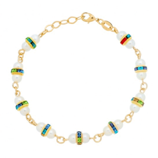 Pulseira de Perolas Feminina com Cristais Coloridos Banhada a Ouro 18k - Semi Joias
