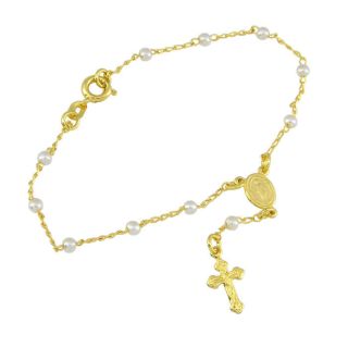 Pulseira Terço com Pingente de Cruz Folheada a Ouro Semijóia
