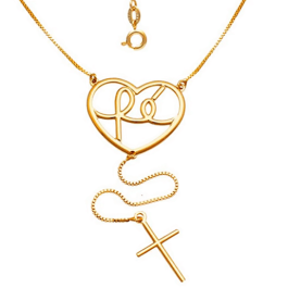 Colar Coração e Crucifixo Folheado a Ouro 18k - Semi Joias de Luxo